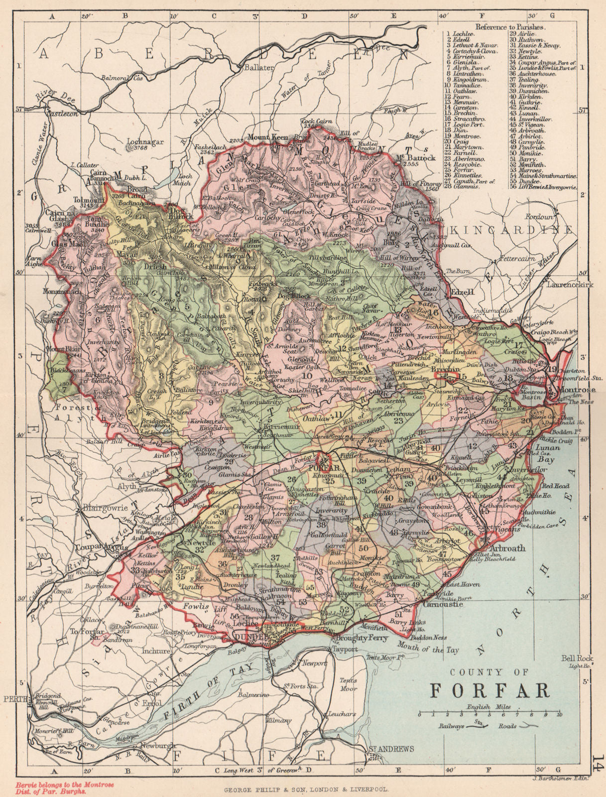 'County of Forfar'. Forfarshire. Parishes. BARTHOLOMEW 1891 old antique map